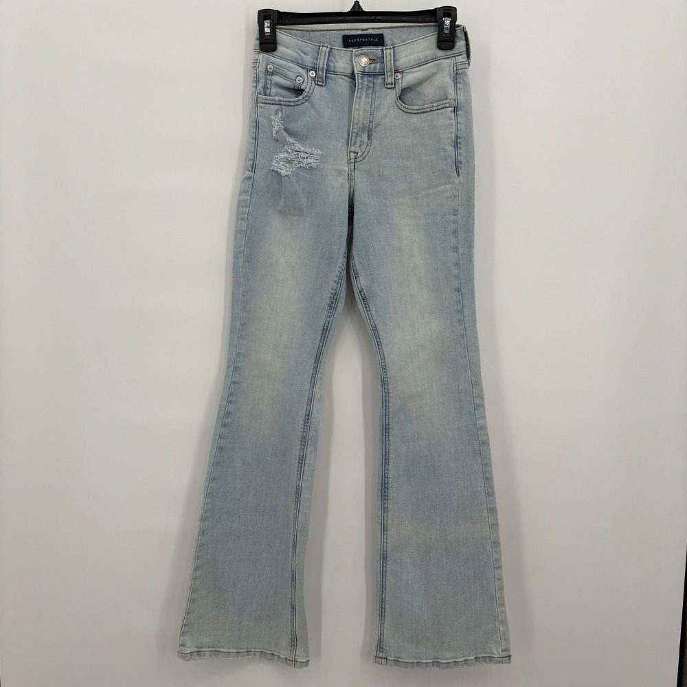 Aeropostale Womens High Rise Flare Jeans Light Wash Distressed Blue Size 0 Reg